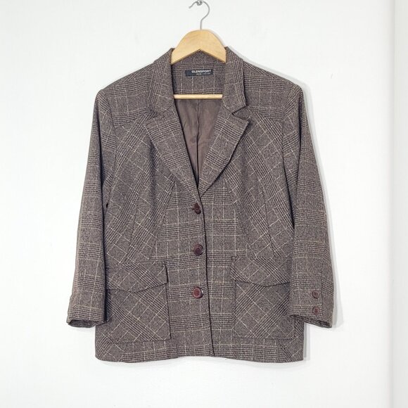 Glensport Women's Brown Plaid Pattern Pockets Button Details Classic Blazer - Picture 1 of 14